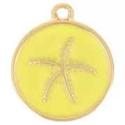 Breloque ronde étoile de mer 14 mm résine époxy - Acier inox 304L Doré - Jaune x1