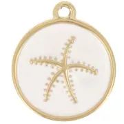 Breloque ronde étoile de mer 14 mm résine époxy - Acier inox 304L Doré - Blanc x1