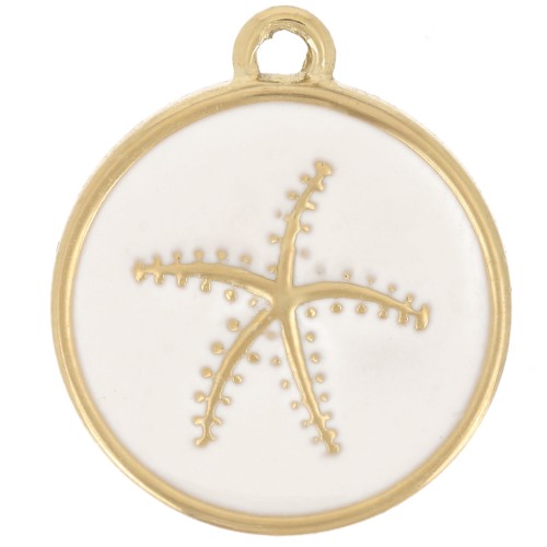Dije estrella de mar redonda 14 mm resina epoxi - Acero inoxidable 304 Dorado - Blanco x1