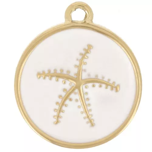 Dije estrella de mar redonda 14 mm resina epoxi - Acero inoxidable 304 Dorado - Blanco x1