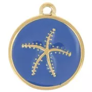 Breloque ronde étoile de mer 14mm résine époxy - Acier inox 304L Doré - Bleu roi