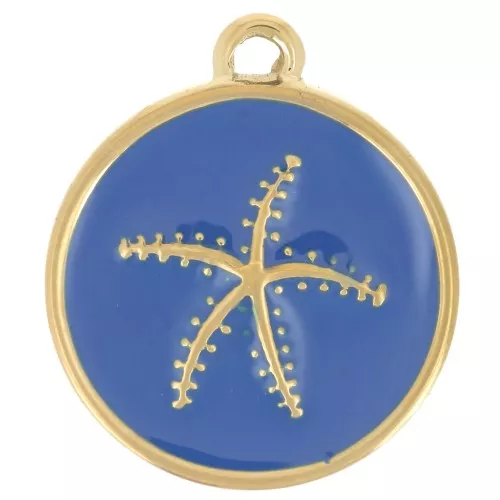 Dije Redondo Estrella de Mar 14mm Resina Epoxi - Acero inoxidable 304L Dorado - Azul Real