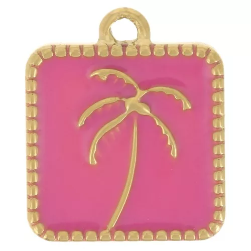 Dije palmera cuadrada 14x12 mm resina epoxi - Acero inoxidable 304L Dorado - Rosa