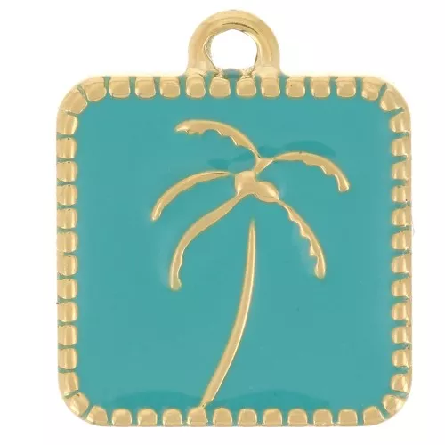 Dije cuadrado con motivo de palmera 14x12mm resina epoxi - Acero inoxidable 304L Dorado turquesa