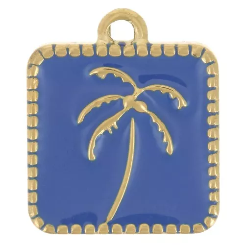 Dije palmera cuadrada 14x12 mm resina epoxi Acero inoxidable 304L Dorado - Azul Real