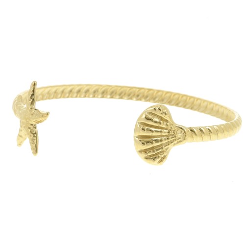 Pulsera brazalete ajustable de concha y estrella de mar de 19x160mm - Acero inoxidable 304L Dorado