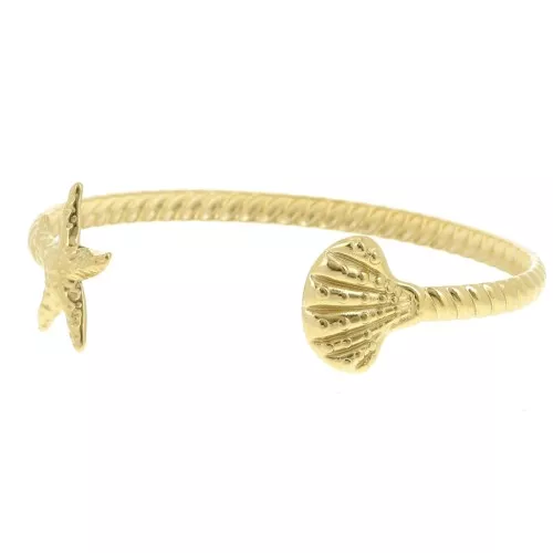 Pulsera brazalete ajustable de concha y estrella de mar de 19x160mm - Acero inoxidable 304L Dorado