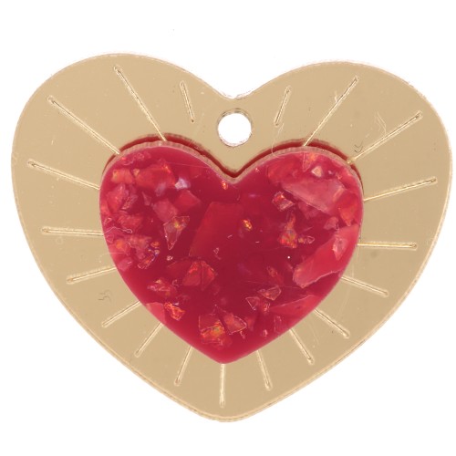 Colgante corazón de plexiglás en relieve 25x29 mm - Dorado - Purpurina roja x1