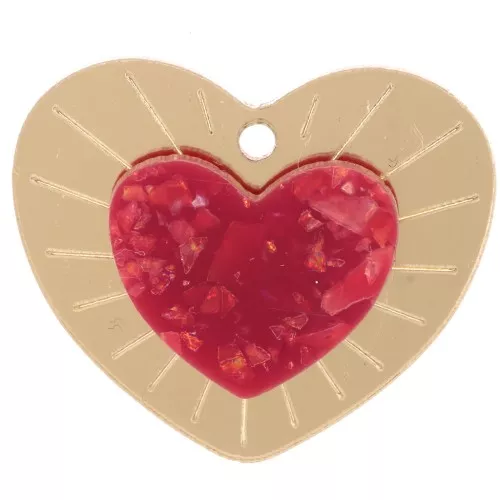 Colgante corazón de plexiglás en relieve 25x29 mm - Dorado - Purpurina roja x1
