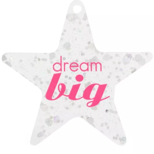 Colgante estrella plexiglás 50x52mm - Dream big - Transparente - Plateado brillo