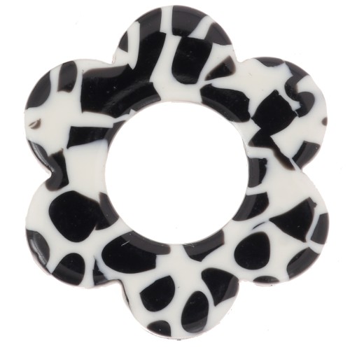 Colgante Flor de Acetato 18 mm - Negro Moteado - Blanco x1