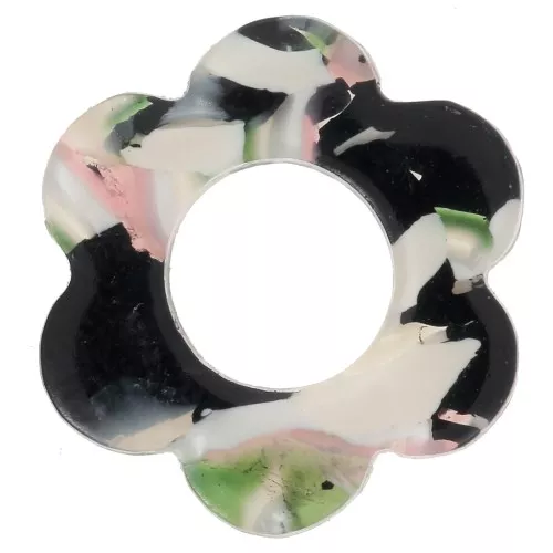 Colgante Flor Acetato 18 mm - Blanco - Negro - Verde x1