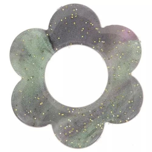 Colgante flor acetato 18 mm - Verde de purpurina gris - Mármol lila x1