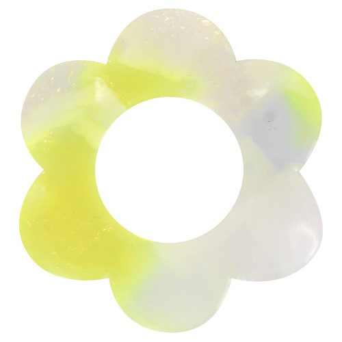Colgante flor acetato 18 mm - Carey - Blanco nacarado - Amarillo fluorescente x1
