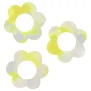 Colgante flor acetato 18 mm - Carey - Blanco nacarado - Amarillo fluorescente x1