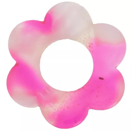 Colgante flor acetato 18 mm - Carey - Blanco nacarado - Rosa fluorescente x1