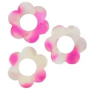 Colgante flor acetato 18 mm - Carey - Blanco nacarado - Rosa fluorescente x1