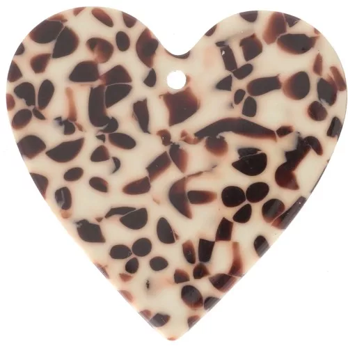 Colgante corazón 31x32 mm en acetato - Marrón jaspeado - Crema x1