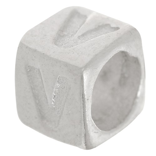 Cubo alfabeto perla 5x4 mm con agujero grande - V - Plateado 925 x1