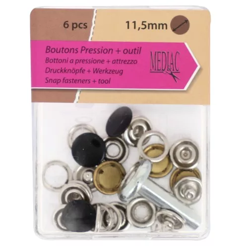 Botones de presión de 11,5 mm y herramienta de montaje - Negro x6