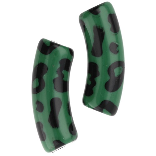 Cuentas tubo curvadas 35x11 mm acrílico opaco - Estampado leopardo - Verde - Negro x4