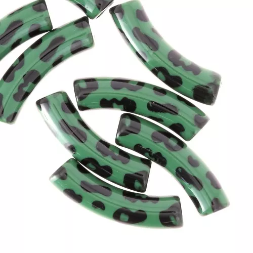 Abalorios tubulares curvados 32x8 mm en acrílico opaco - Estampado leopardo - Verde - Negro x4