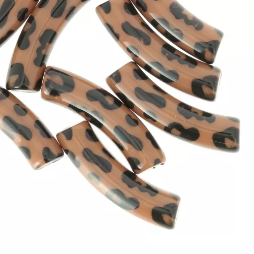 Abalorios tubulares curvados 32x8 mm en acrílico opaco - motivo leopardo - Marrón - Negro x4