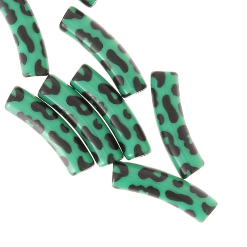 Cuentas tubulares curvadas de acrílico opaco 19x5 mm - Estampado leopardo - Verde - Negro x4