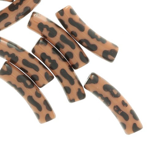 Perlas tubo curvadas 19x5 mm en acrílico opaco - motivo leopardo - Marrón - Negro x4