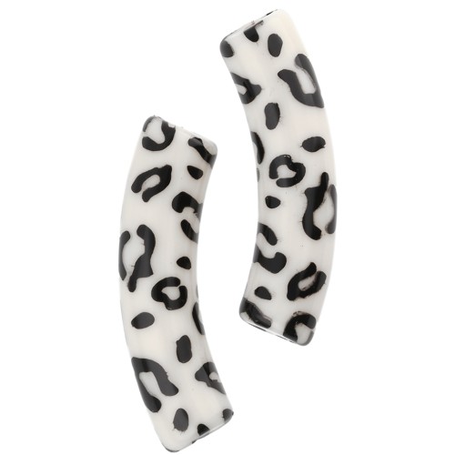 Cuentas acrílicas opacas tubo curvo 32x8 mm - motivo guepardo - Crudo - Negro x4