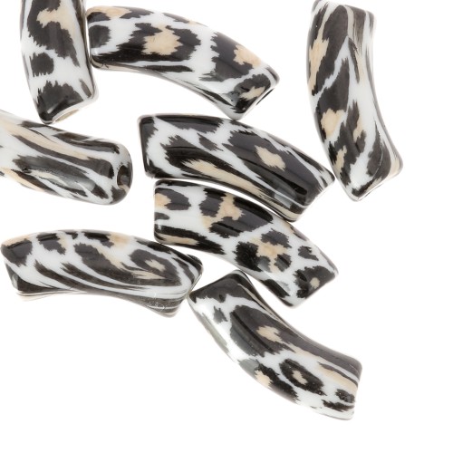 Cuentas tubo curvadas 35x11 mm acrílico opaco - Estampado leopardo - Negro - Beige x4