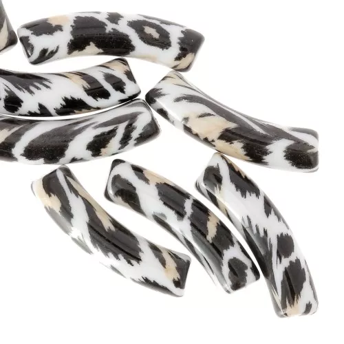 Abalorios tubulares curvados 32x8 mm en acrílico opaco - motivo leopardo - Negro - Beige x4