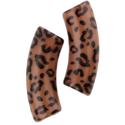 Cuentas tubo curvadas acrílico opaco 35x11 mm motivo guepardo - Marrón - Negro x4
