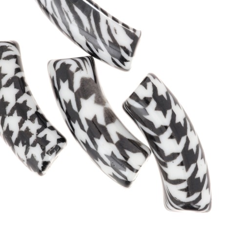 Perlas tubo curvado 35x11 mm acrílico - Diseño pata de gallo - Negro - Blanco x4