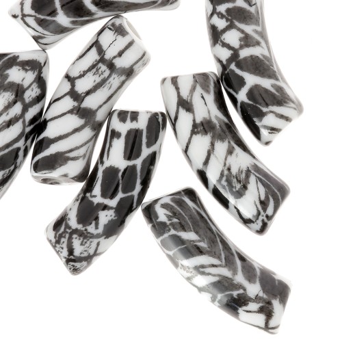 Cuentas tubo curvadas de acrílico opaco 35x11mm - Motivo serpiente - Blanco - Negro x4