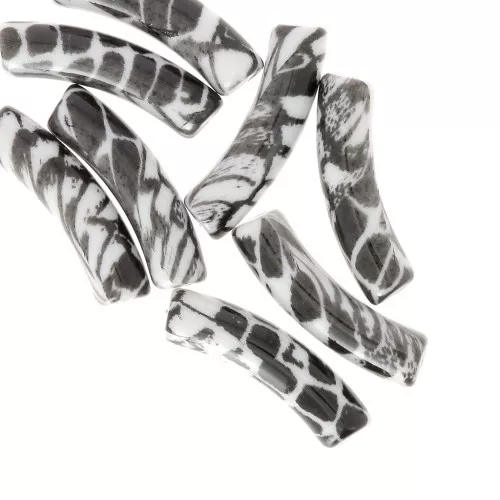 Abalorios tubulares curvados 32x8 mm en acrílico opaco - Motivo serpiente - Blanco - Negro x4