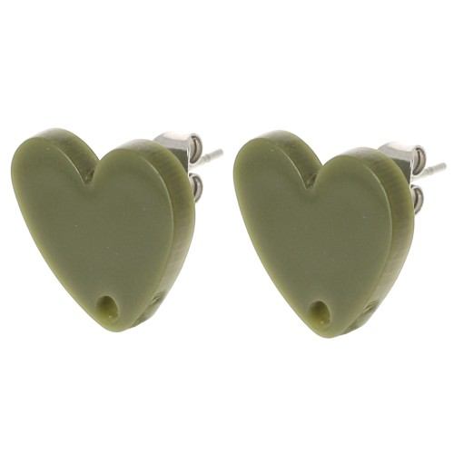 Ganchos pendientes corazón acrílico 14x15,5 mm - Oliva x2