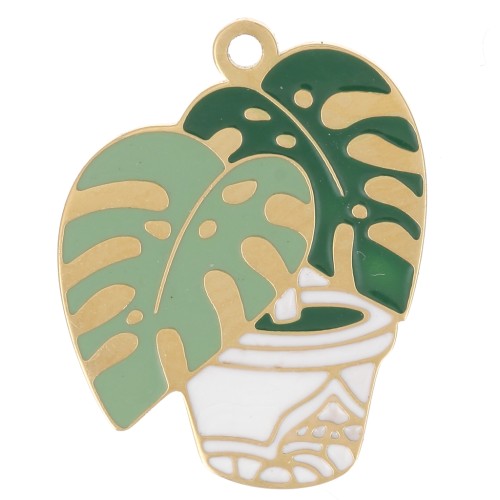 Dije Filodendro 18x14 mm resina epoxi - Acero inoxidable 304L Dorado - Verde