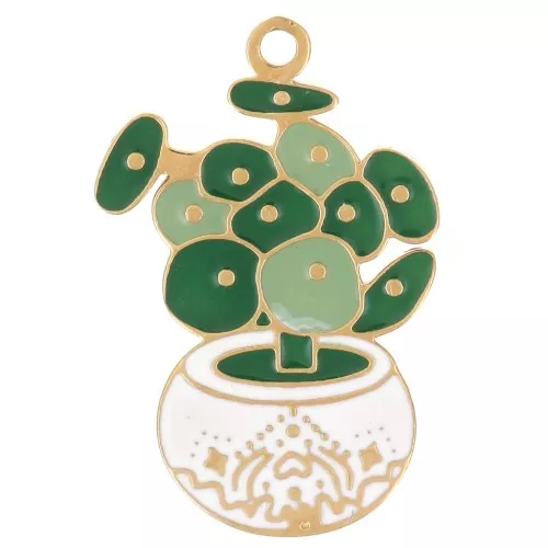 Dije de planta Pilea 18x12 mm resina epoxi - Acero inoxidable 304L Dorado - Verde