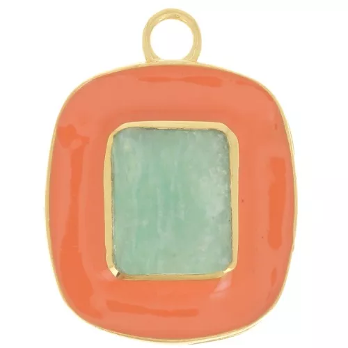 23x18 mm Colgante rectángulo de gema Amazonita y epoxi Naranja Dorado con oro fino
