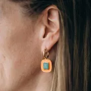 23x18 mm Colgante rectángulo de gema Amazonita y epoxi Naranja Dorado con oro fino