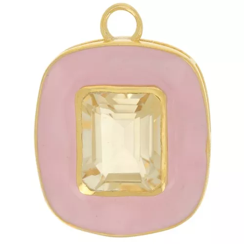 Colgante rectángulo 23x18 mm Gema citrina y epoxi rosa - Dorado con oro fino