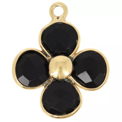 Colgante flor 16 mm - Dorado con oro fino - Onix negro x1