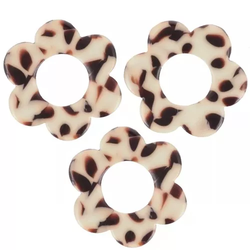 Colgantes flor de acetato 18 mm - Marrón moteado - Crema x10