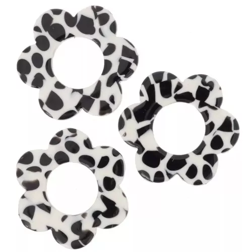 Colgantes flor de acetato 18 mm - Negro jaspeado - Blanco x10