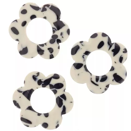 Colgantes flor de acetato 18 mm - Negro jaspeado - Crema x10