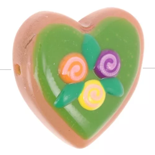 Cuenta de cristal corazón 24 mm - Flores - Verde - Violeta - Amarillo x1