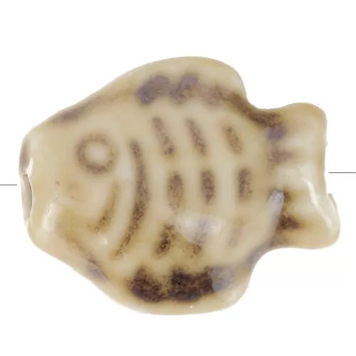 Cuenta pez cerámica 14x19 mm - Beige jaspeado - Marrón x1