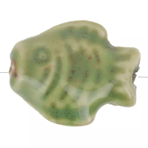 Cuenta pez de cerámica 14x19 mm - Verde jaspeado - Marrón x1