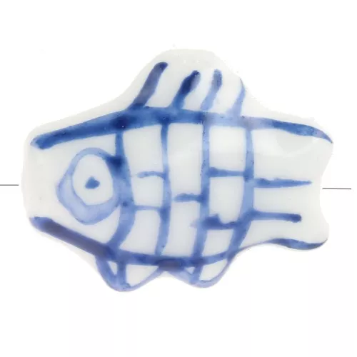 Cuenta pez de cerámica 12x15 mm - Blanco - Azul oscuro x1